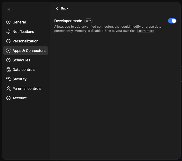 ChatGPT developer mode toggle